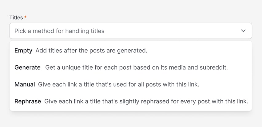 You’re in charge. Add captions later, generate them, or use your own. You can have AI
rephrase them just slightly to make each post unique.